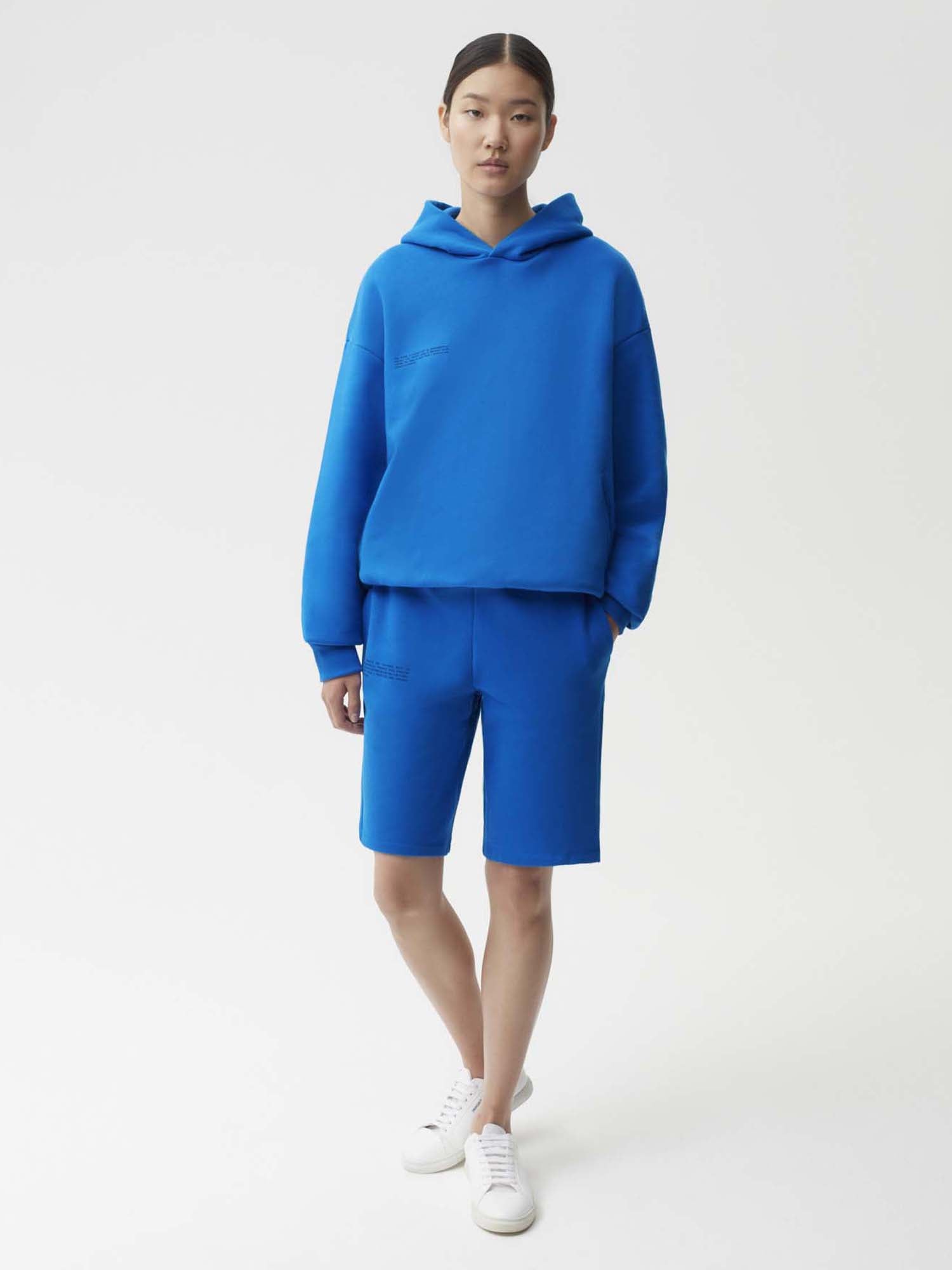 Heavyweight Recycled Cotton Hoodie Cobalt Blue Female Model