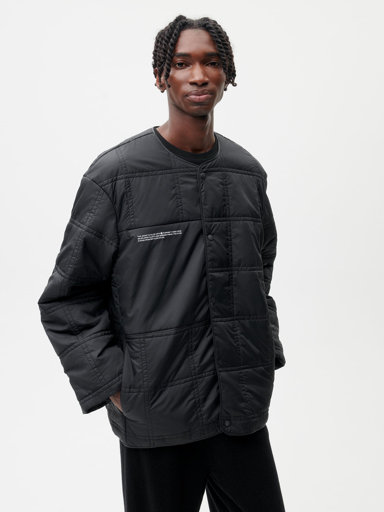 Recycled Nylon FLWRDWN Quilted Collarless Jacket—black male-1