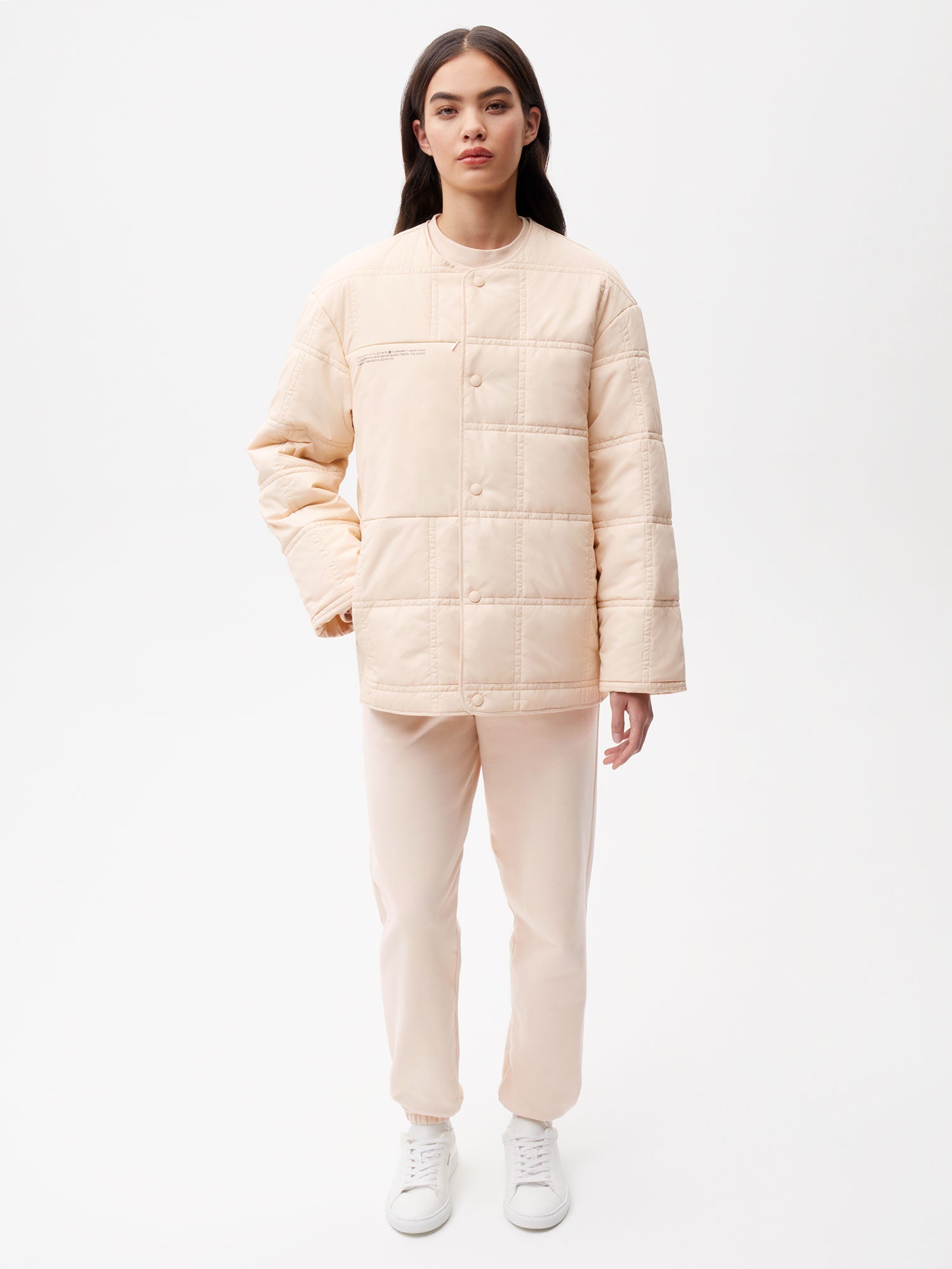 Recycled Nylon FLWRDWN Quilted Collarless Jacket—sand female-3